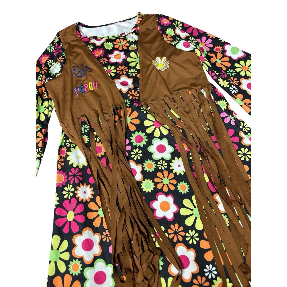 Hippie Costume Kids 60s Girl Halloween Flower Power Dress‎ Suede Peace Vest Sz L